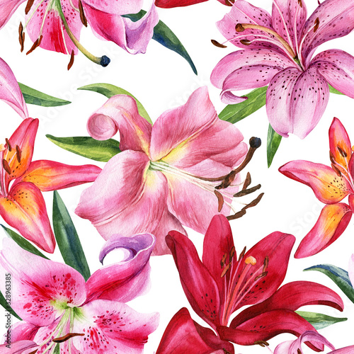 Watercolor seamless pattern with lily, red, pink, yellow, orange lilly flowers, botanical drawing. Stock illustration. Fabric wallpaper print texture.