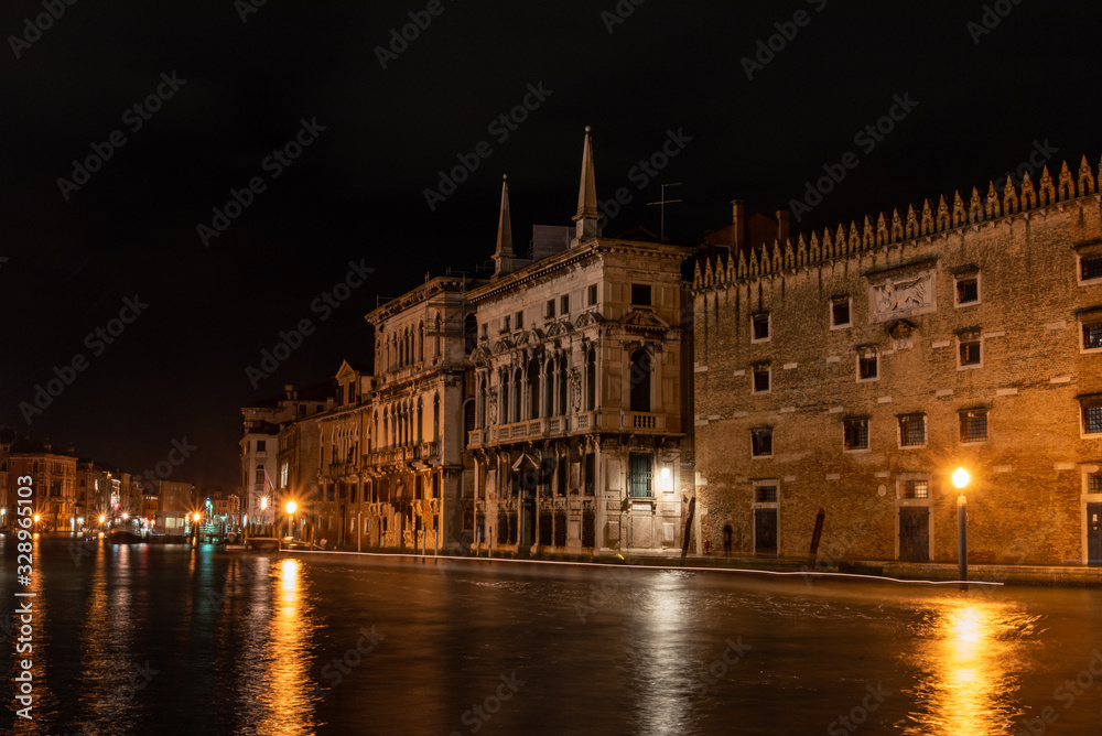 View on Canal Grande at Night, Boats passing by, Venice/Italy