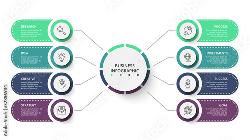 Business data visualization. Process chart. Elements of graph, diagram with 8 steps, options, parts or processes