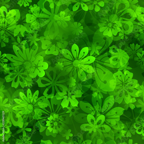 Spring seamless pattern of various flowers in green colors