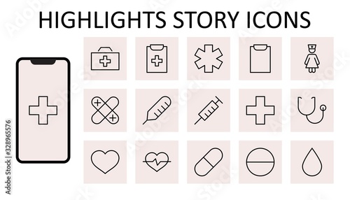 Set of Medicine vector line icons. It contains the first aid kit, nurse, syringe, thermometer, plastic, pills, heart, drop of blood, palpitation and much more. Editable Stroke. 32x32 pixels.