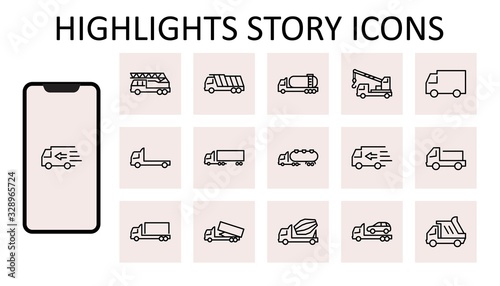 Truck Set of Transport Vector Line Icons. Contains such Icons as Truck, Transportation, Tow Truck, Cranes, Mixer, Garbage Truck, Manipulators, Delivery service and more. Editable Stroke. 32x32 Pixels