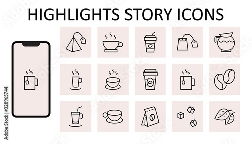 Set of Coffee and Tea Vector Line Icons. Contains such Icons as Cup of Tea, Teabags, Coffee beans and Green Tea Leaves, a pitcher of Water, Sugar Cubes and more. Editable Stroke. 32x32 Pixels