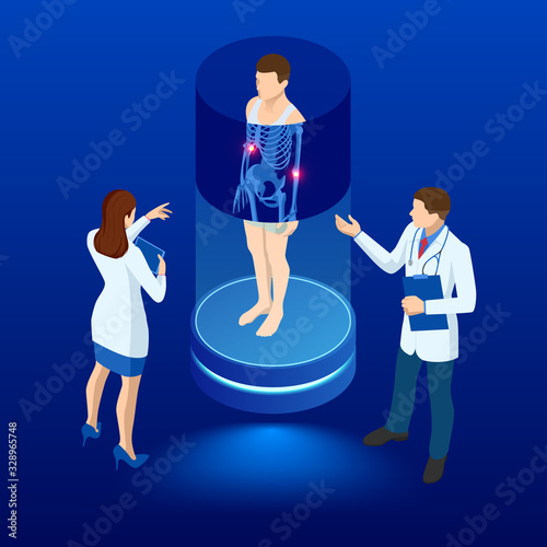 Isometric X-ray machine for scanning human body. Doctor checking examining chest x-ray film of patient. Roentgen of chest bone. Medical examination for surgery.