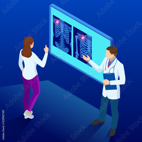 Isometric X-ray machine for scanning human body. Doctor checking examining chest x-ray film of patient. Roentgen of chest bone. Medical examination for surgery.