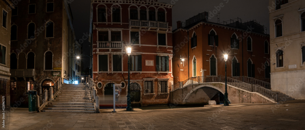 Panorama of two Bridges at a small Square at night, Venice/Italy