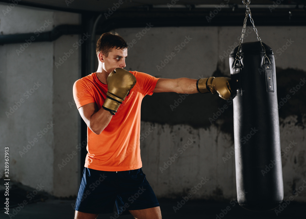 Kickboxer training in the garage kicking the punch bag Kickboxer training in the garage kicking the punch bag