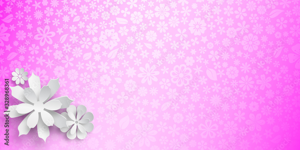 Background with floral texture in purple colors and several big white paper flowers with soft shadows