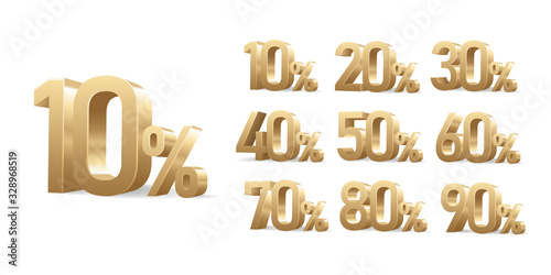 Discount 3D golden numbers with percent sign, isolated on white background. Set of discount numbers.