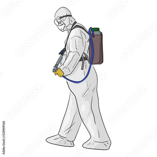 Man in a protective suit processes the territory from coronavirus or covid-19 vector illustration sketch doodle hand drawn isolated on white background