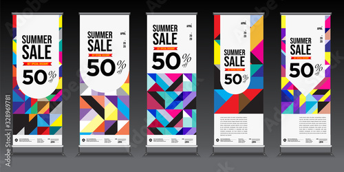 summer sale colorful geometric, fluid and curve background for roll banner. Summer sale 50% discount banner.