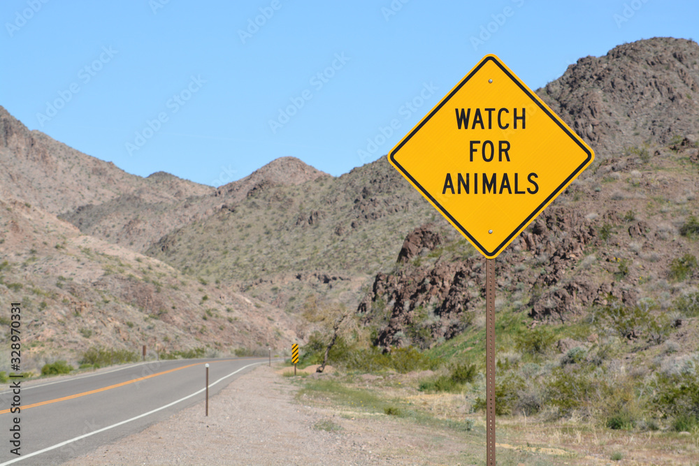 Watch For Animals Sign in the Lake Mead National Recreation Area, Mohave County, Arizona USA