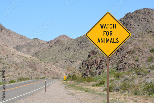 Watch For Animals Sign in the Lake Mead National Recreation Area, Mohave County, Arizona USA