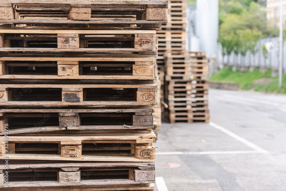 Pallets. A range of wooden pallets. Inventory for shipment in the warehouse. Pallets. A range of wooden pallets. Inventory for shipment in the warehouse.