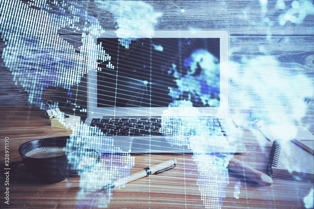 Double exposure of business theme icons and work space with computer background. Concept of success. Double exposure of business theme icons and work space with computer background. Concept of success.