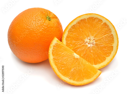 Orange fruit whole and slice isolated on white background. Perfectly retouched, full depth of field on the photo. Creative healthy food concept. Nature, juice. Flat lay, top view