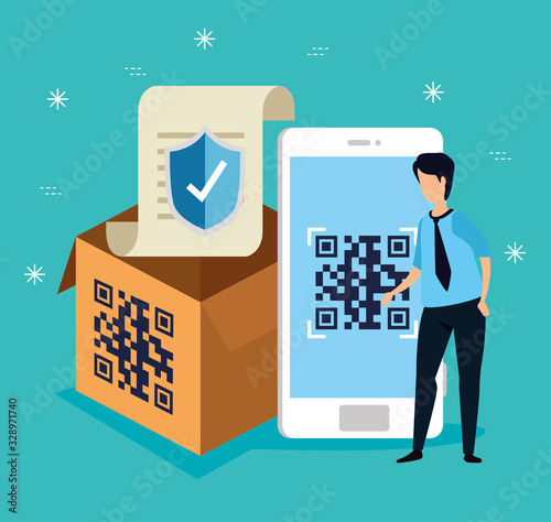 code qr in smartphone with businessman and icons vector illustration design