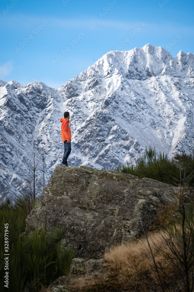 Man looking the mountains. Mountains in New Zealand. Snowy mountains