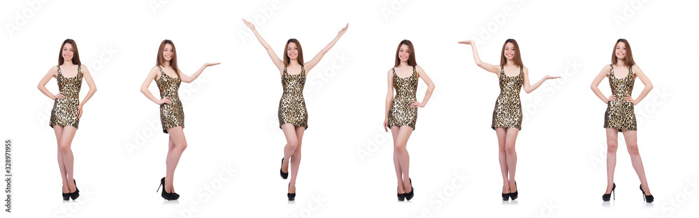 Beautiful woman in leopard dress isolated on white Beautiful woman in leopard dress isolated on white
