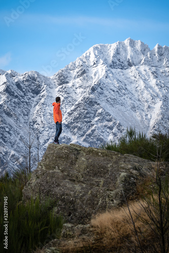 Man looking the mountains. Mountains in New Zealand. Snowy mountains © Camille