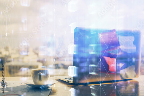 Wallpaper Mural Double exposure of computer and technology theme hologram. Concept of freelance work. Torontodigital.ca