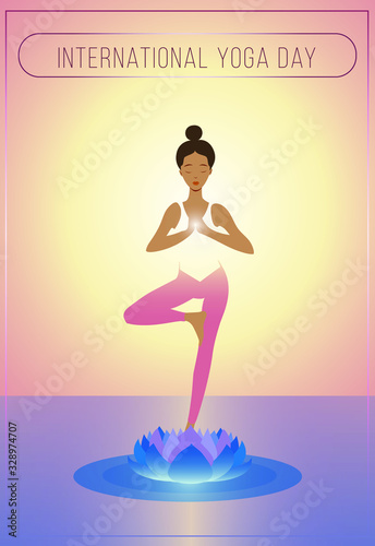 Flat vector Illustration of black afro american young woman, doing yoga, standing in vrikshasana, tree pose, above a lotus. Spiritual zen concept for International Yoga Day, yoga studio, spa center. 