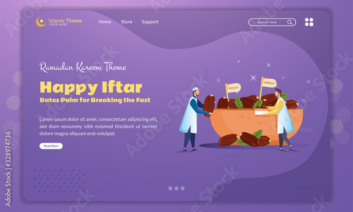 Flat design of dates palm for breaking the fast for Ramadan concept on landing page background