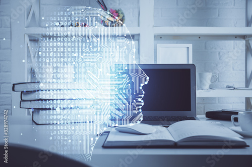 Double exposure of work table with computer and brain sketch hologram. Brainstorming concept. photo