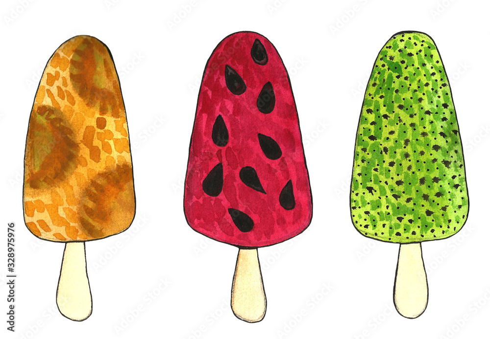 Set of colorful ice cream hand drawn with watercolor. Chocolate and caramel topping, mint, fruit ice cream cones and ice cream scoops. Set of colorful ice cream hand drawn with watercolor. Chocolate and caramel topping, mint, fruit ice cream cones and ice cream scoops.