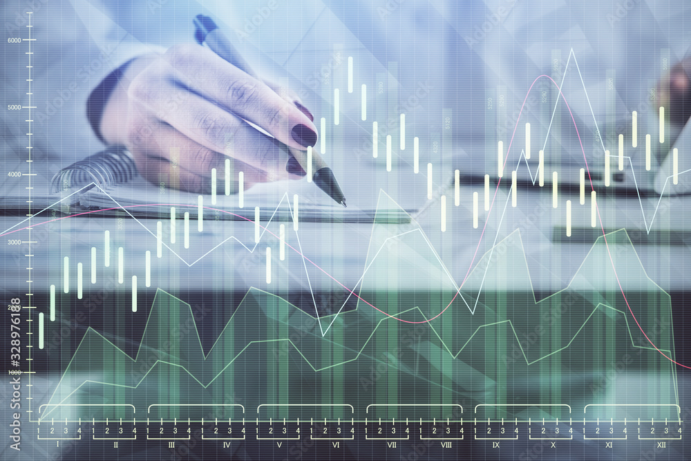 Double exposure of woman's hands making notes with forex graph hologram. Concept technical analysis. Double exposure of woman's hands making notes with forex graph hologram. Concept technical analysis.