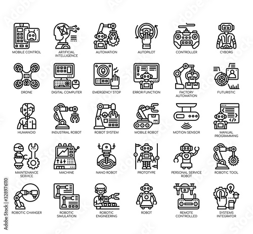 Set of robot thin line and pixel perfect icons for any web and app project.