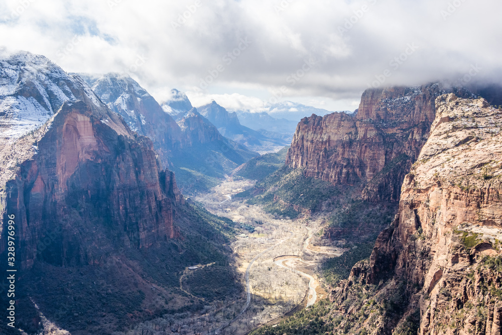 View of winter Zion Canyon from Angels Landgin trail