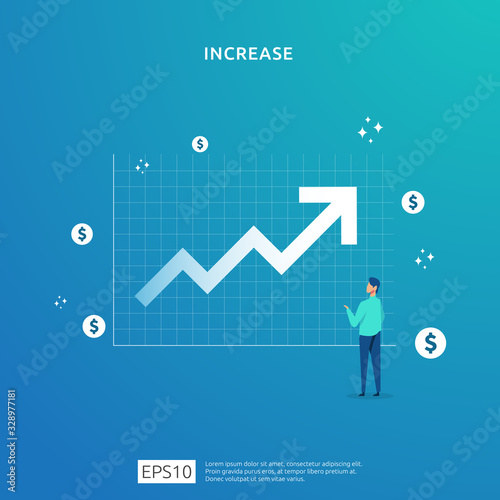 Finance performance of return on investment ROI. income salary rate increase concept illustration with people character and up arrow. business profit growth sale grow margin revenue with dollar symbol