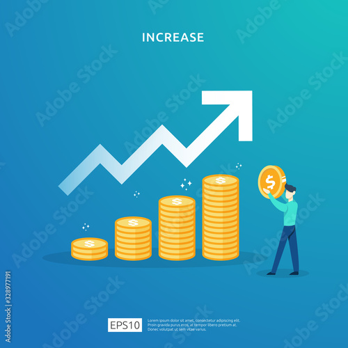 Finance performance of return on investment ROI. income salary rate increase concept illustration with people character and up arrow. business profit growth sale grow margin revenue with dollar symbol