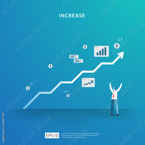 Finance performance of return on investment ROI. income salary rate increase concept illustration with people character and up arrow. business profit growth sale grow margin revenue with dollar symbol