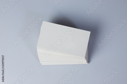 Business card mockup on white background. Business card stack template. Corporate stationery set mockup. Business card on isolated background. Top View. 