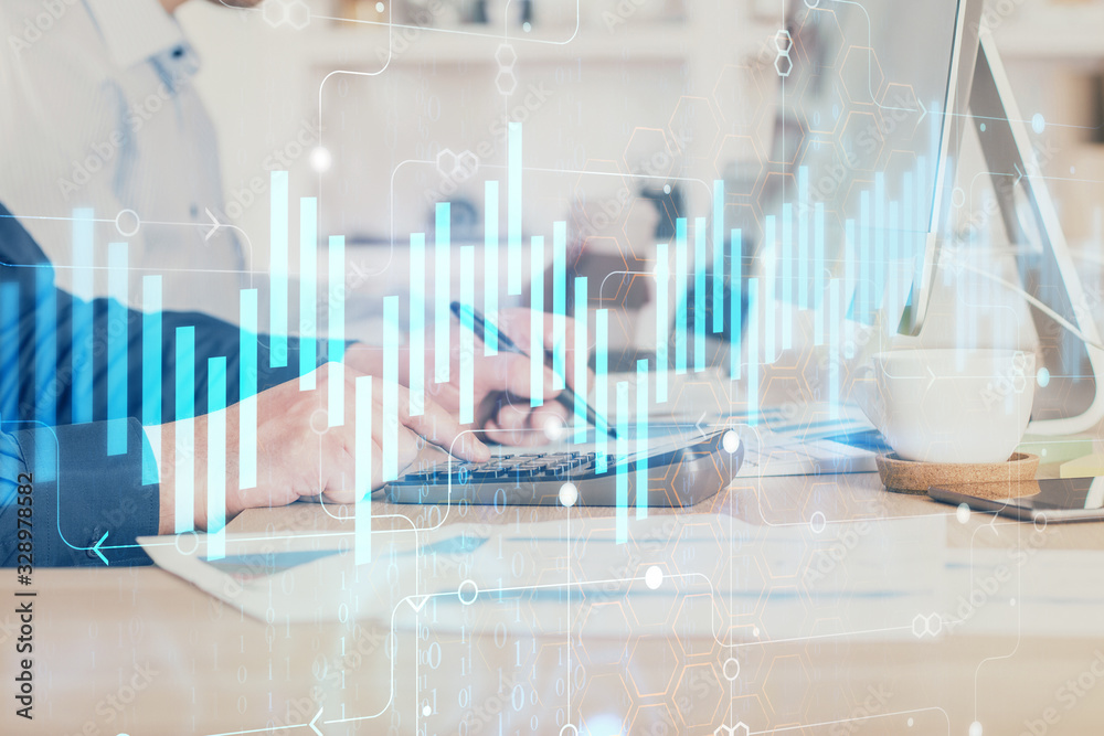 Forex graph with businessman working on computer in office on background. Concept of hardworking. Closeup. Multi exposure. Forex graph with businessman working on computer in office on background. Concept of hardworking. Closeup. Multi exposure.