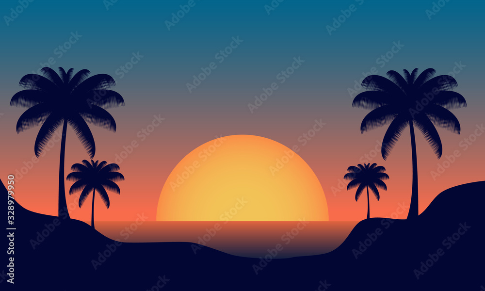 Beach sunset landscape background.Flat vector design