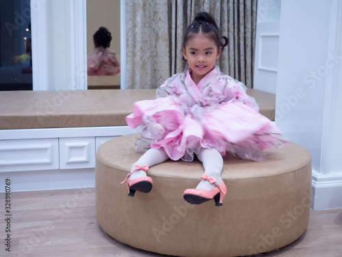 asian little girl Wearing yukata in house