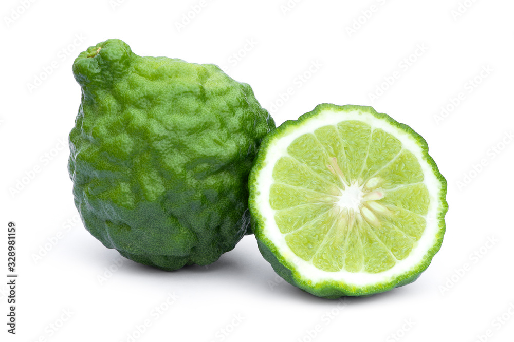 Bergamot or kaffir lime fruits and slice with seeds isolated on white background. Bergamot or kaffir lime fruits and slice with seeds isolated on white background.