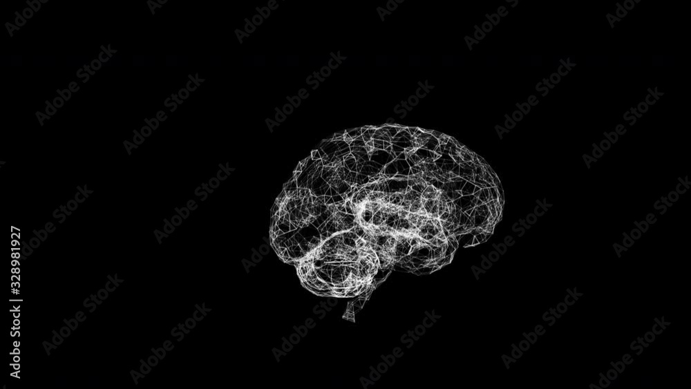 Animated 3d model of human brain rotating over black background and pulsing electrical brainwaves.