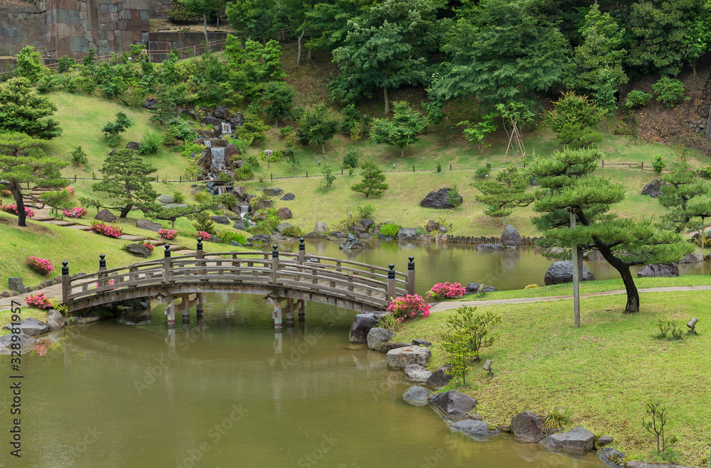 Idyllic landscape of Japanese Garden in Kanazawa, Japan