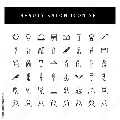 Beauty salon icon set with black color outline style design.