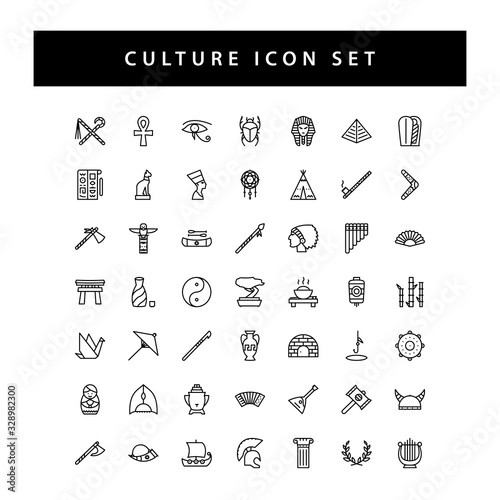 culture icon set with black color outline style design.