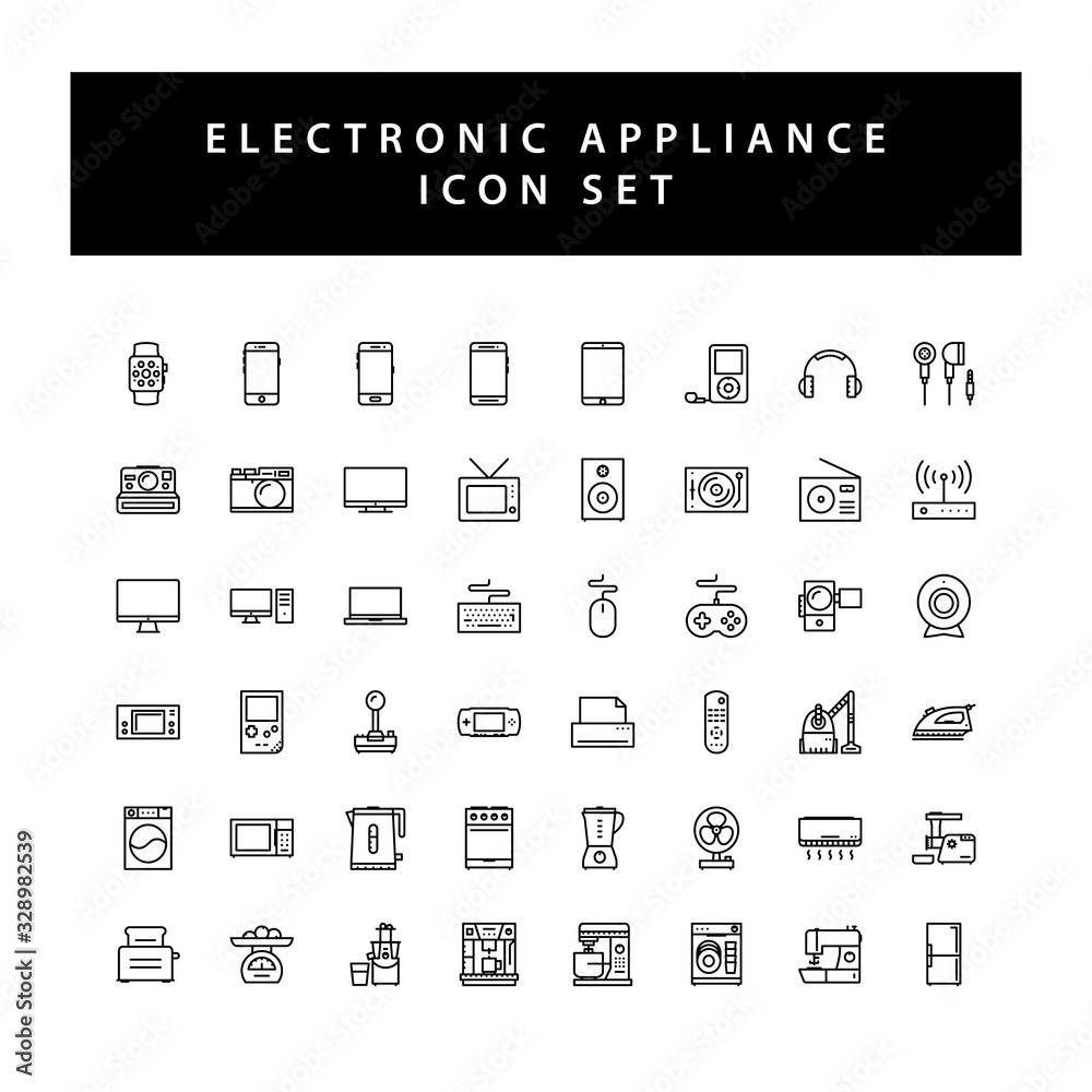 Home appliances electronic icon set with black color outline style design.