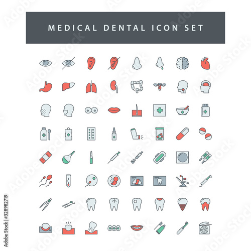 Medical Dental icon set with filled outline style design.