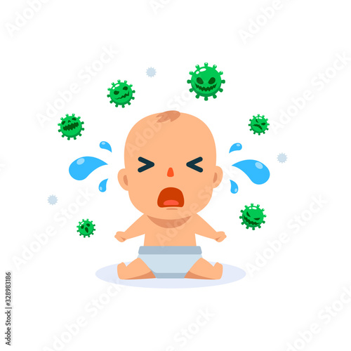A crying Baby and lot of germ. Isolated Vector Illustration.