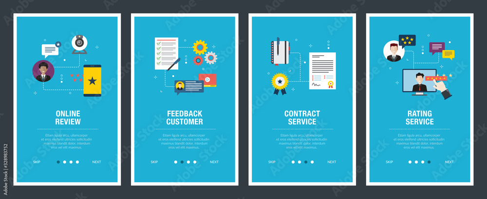 Internet banner set of feedback, review, contract service and rating icons.