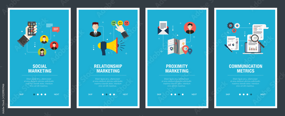 Fototapeta Internet banner set with marketing, communication, metrics and relationship icons.