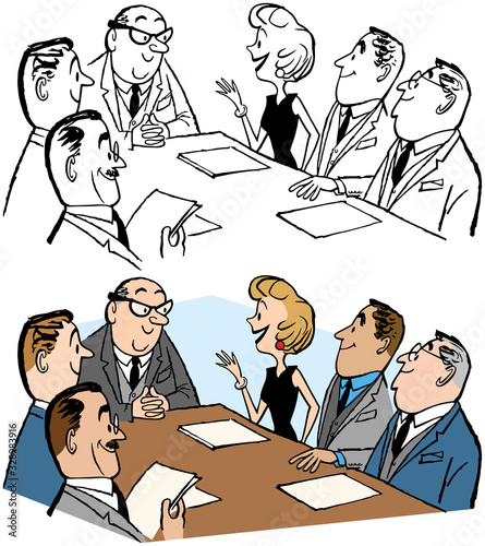 A cartoon of a woman giving a presentation to an office team in a boardroom. 